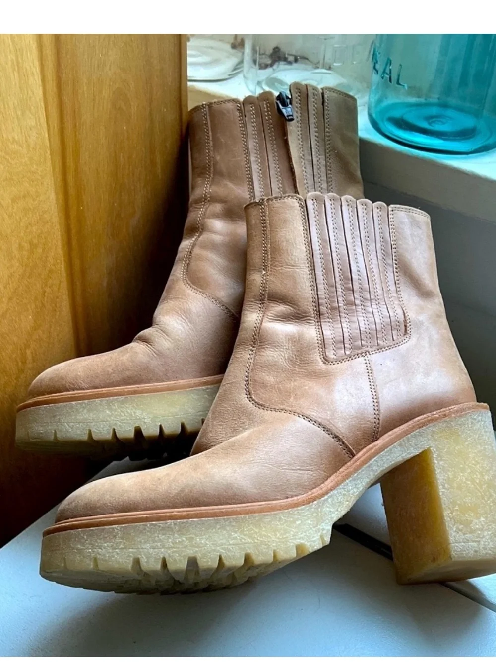 Free People Cognac Leather Platform Chelsea Boots